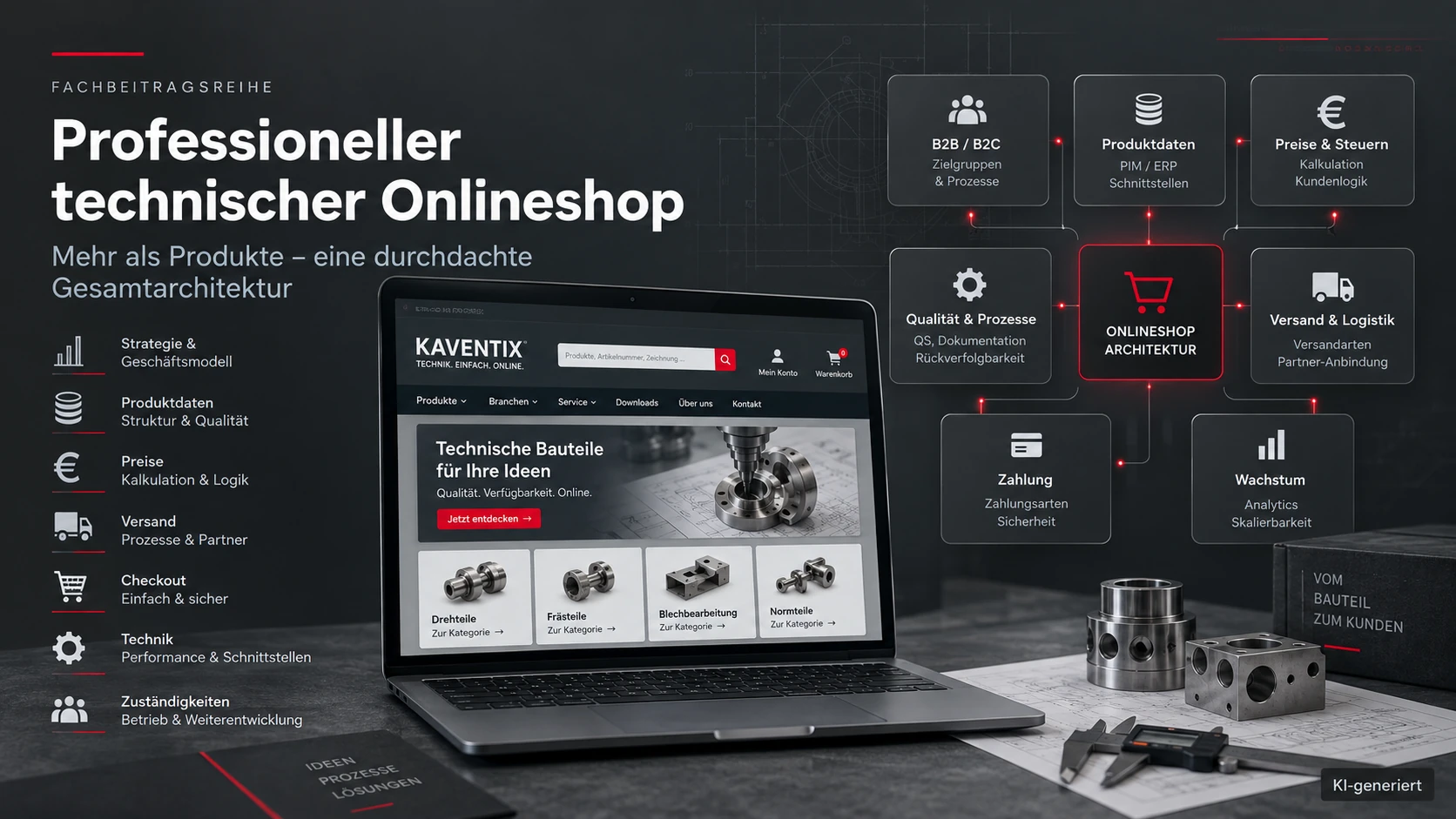 Infografik zur Architektur eines technischen B2B/B2C-Onlineshops mit Produktdaten, Kundengruppen, Preisen, Versand, Payment, Checkout und Qualitätssicherung.