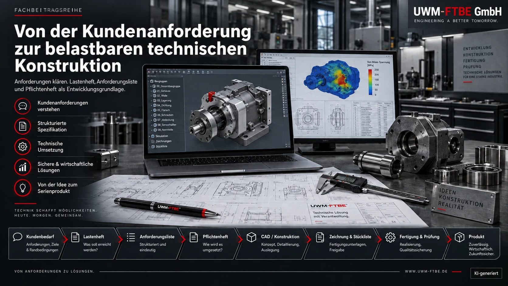 Technischer Entwicklungsprozess von der Kundenanforderung über Lastenheft, Anforderungsliste und Pflichtenheft bis zu CAD-Konstruktion, Fertigung und Prüfung.
